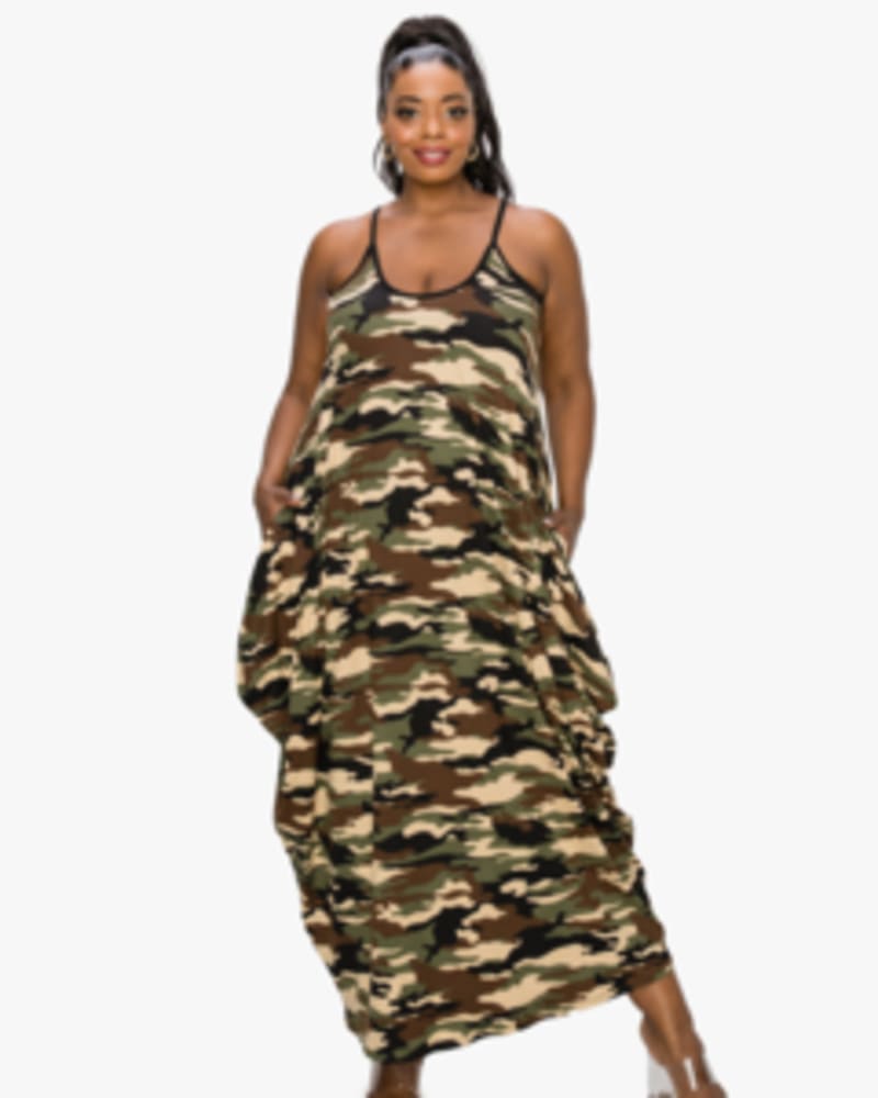 Front of a model wearing a size 1X Camo Spaghetti Strap Harem Dress in Gray/Ivory Camo by L I V D. | dia_product_style_image_id:241524